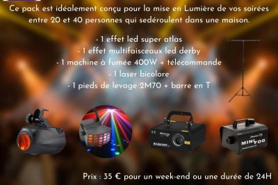 Liste de matériel d'effets spéciaux avec photos, descriptions et tarifs de location pour des événements.