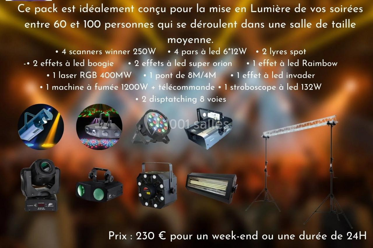Pack d'éclairage comprenant scanners, lasers, lyres, effets lumineux et accessoires pour événements en salle moyenne.
