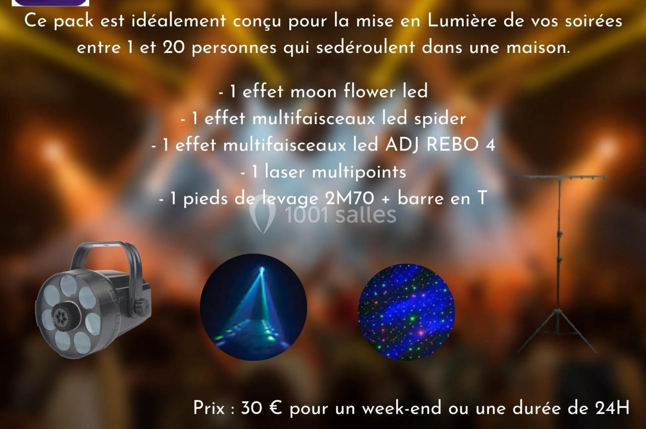 Pack d'éclairage comprenant des projecteurs LED, un laser multipoints et un pied de levage avec barre en T.