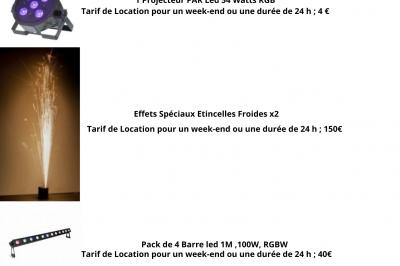 Liste de matériel d'effets spéciaux avec photos, descriptions et tarifs de location pour des événements.