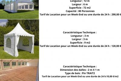 Liste de matériel d'effets spéciaux avec photos, descriptions et tarifs de location pour des événements.