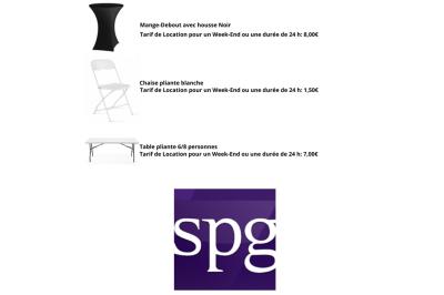 Liste de matériel d'effets spéciaux avec photos, descriptions et tarifs de location pour des événements.