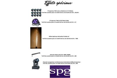 Liste de matériel d'effets spéciaux avec photos, descriptions et tarifs de location pour des événements.