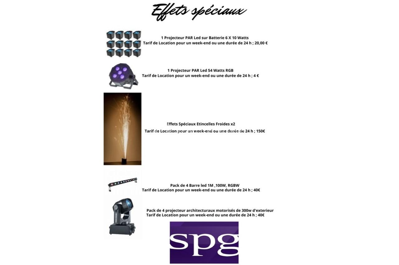 Liste de matériel d'effets spéciaux avec photos, descriptions et tarifs de location pour des événements.