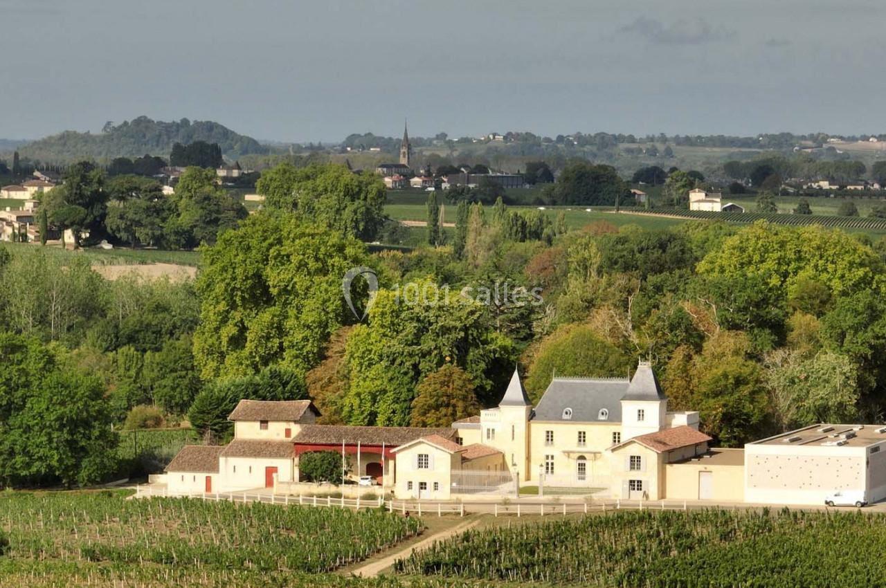 Vue d'un domaine viticole avec bâtiments traditionnels entourés de vignes et d'une campagne verdoyante.