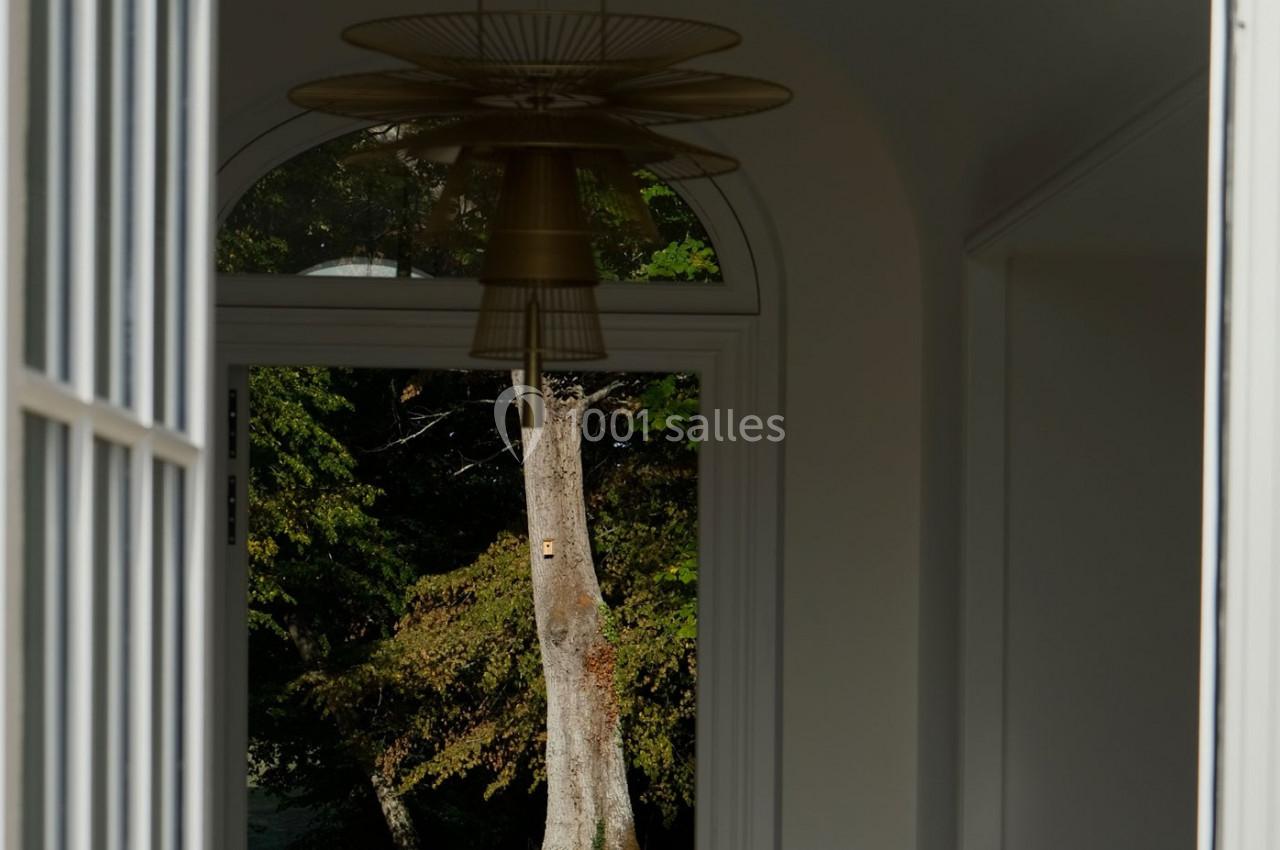 Vue d'un arbre à travers une fenêtre cintrée, encadrée par un intérieur lumineux avec un luminaire suspendu.