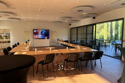 Chambre lumineuse avec lit double, bureau, coin salon, kitchenette et vue sur un jardin à travers une baie vitrée.