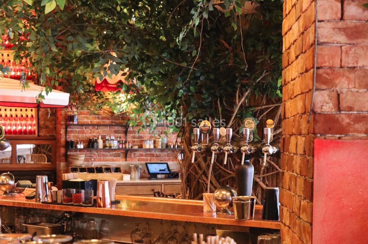 Intérieur d'un bar avec comptoir en bois, murs en briques, tireuses à bière et végétation décorative.