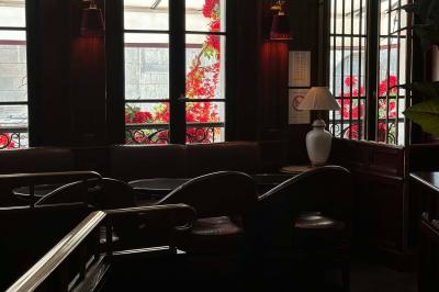 Verre à cocktail rempli d'un espresso martini, garni de grains de café, avec un fond sombre et texturé.