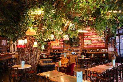 Étagères en bois remplies de bouteilles d'alcool, encadrées de briques et de feuillage, dans un décor de bar chaleureux.