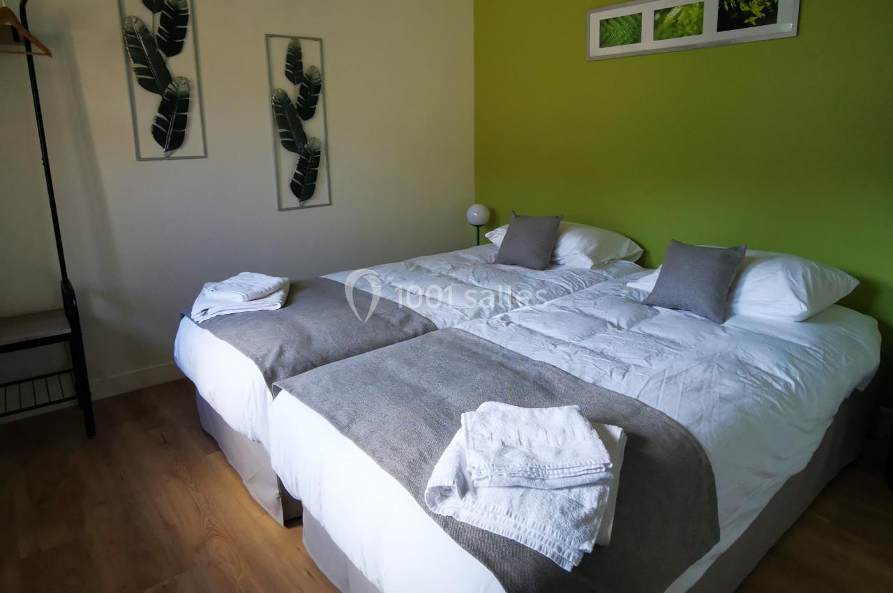 Location salle Saint-Samson-de-la-Roque (Eure) - Manoir Néo Normand #62 Deux lits simples avec draps blancs et couvertures grises, dans une chambre au mur vert décorée de cadres et plantes.