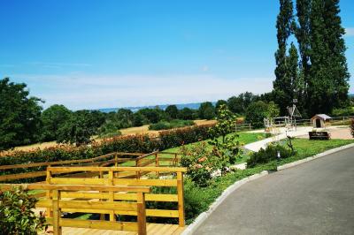 Miniature Location salle Saint-Samson-de-la-Roque (Eure) - Manoir Néo Normand #106 Passerelle en bois surplombant un jardin fleuri avec des arbres et un ciel dégagé en arrière-plan.