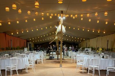 Statue en pierre représentant une femme dans un jardin avec des pots en terre cuite et une allée pavée en arrière-plan.