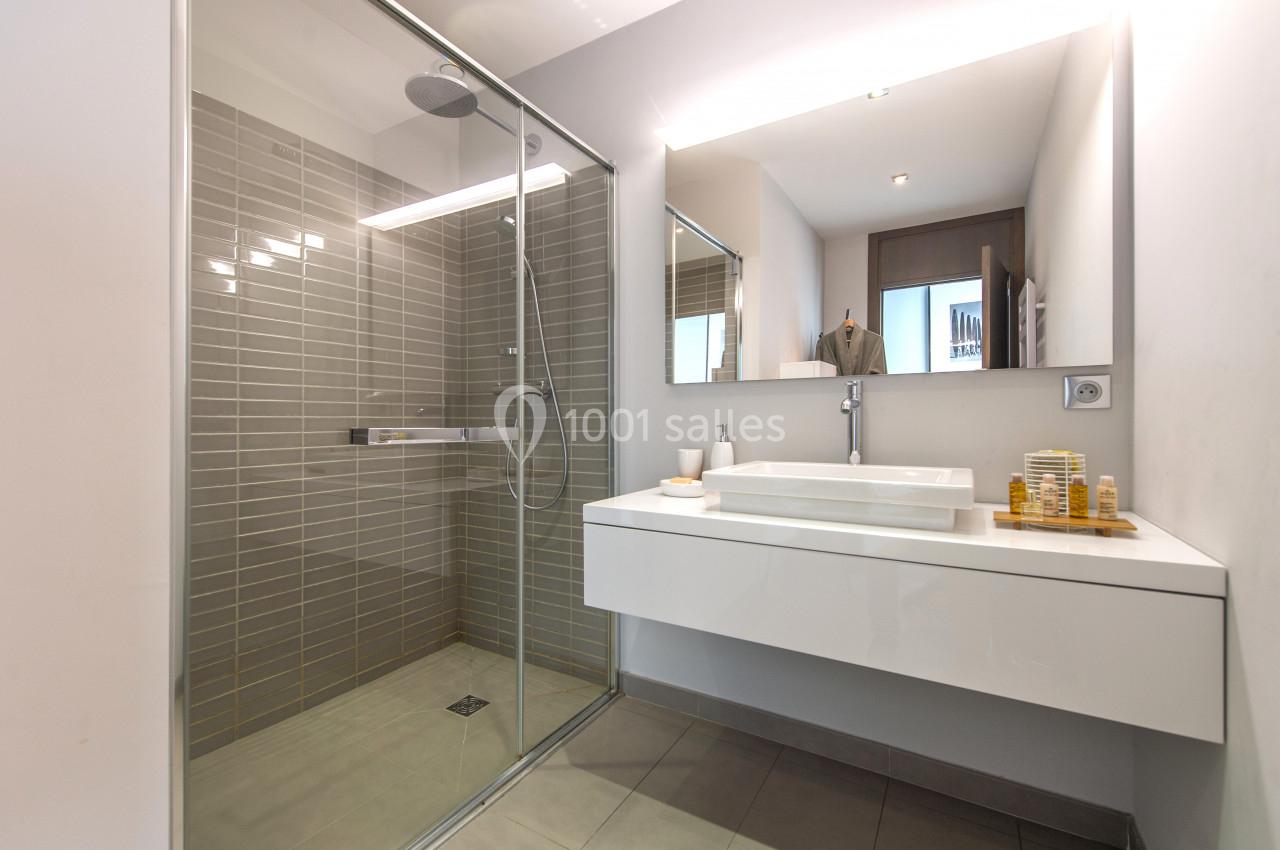 Salle de bain moderne avec douche à l'italienne, lavabo suspendu et grand miroir éclairé.