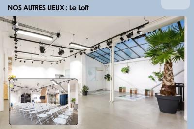 Vue intérieure d'un appartement moderne avec cuisine ouverte, et photo extérieure d'un immeuble résidentiel.