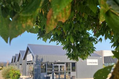 Comptoirs en bois avec décorations florales, installés en extérieur sous un ciel dégagé près de bâtiments modernes.