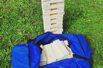 Disque en bois avec des cercles numérotés et des pions en bois disposés sur différentes zones de points.