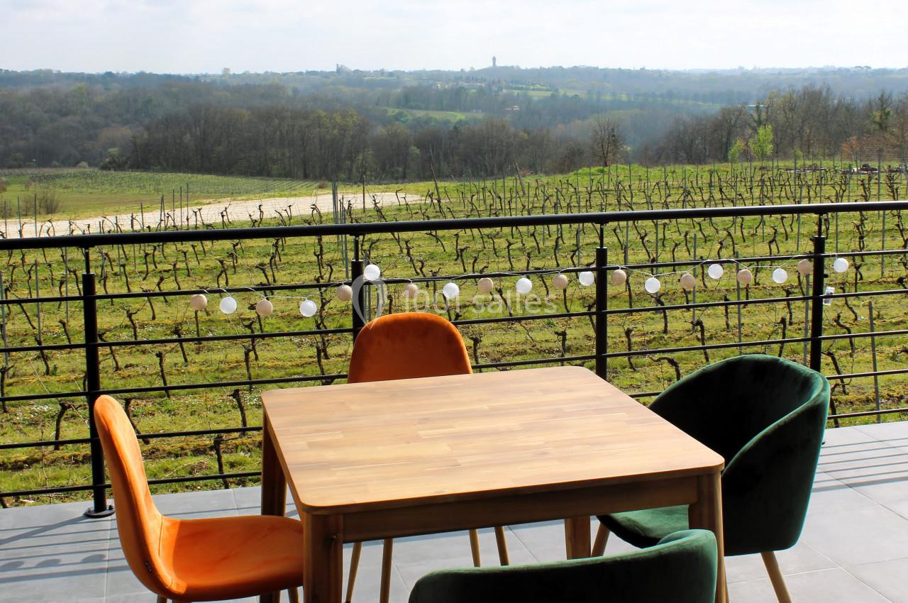Table en bois entourée de chaises colorées sur une terrasse avec vue sur des vignes et un paysage vallonné.