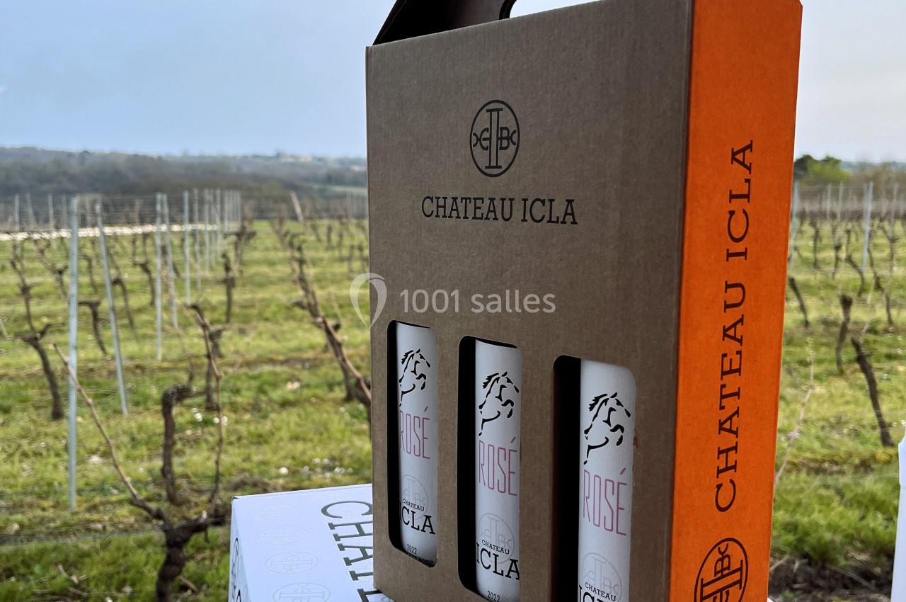 Coffret de trois bouteilles de vin rosé Château Icla posé devant des vignes en hiver.