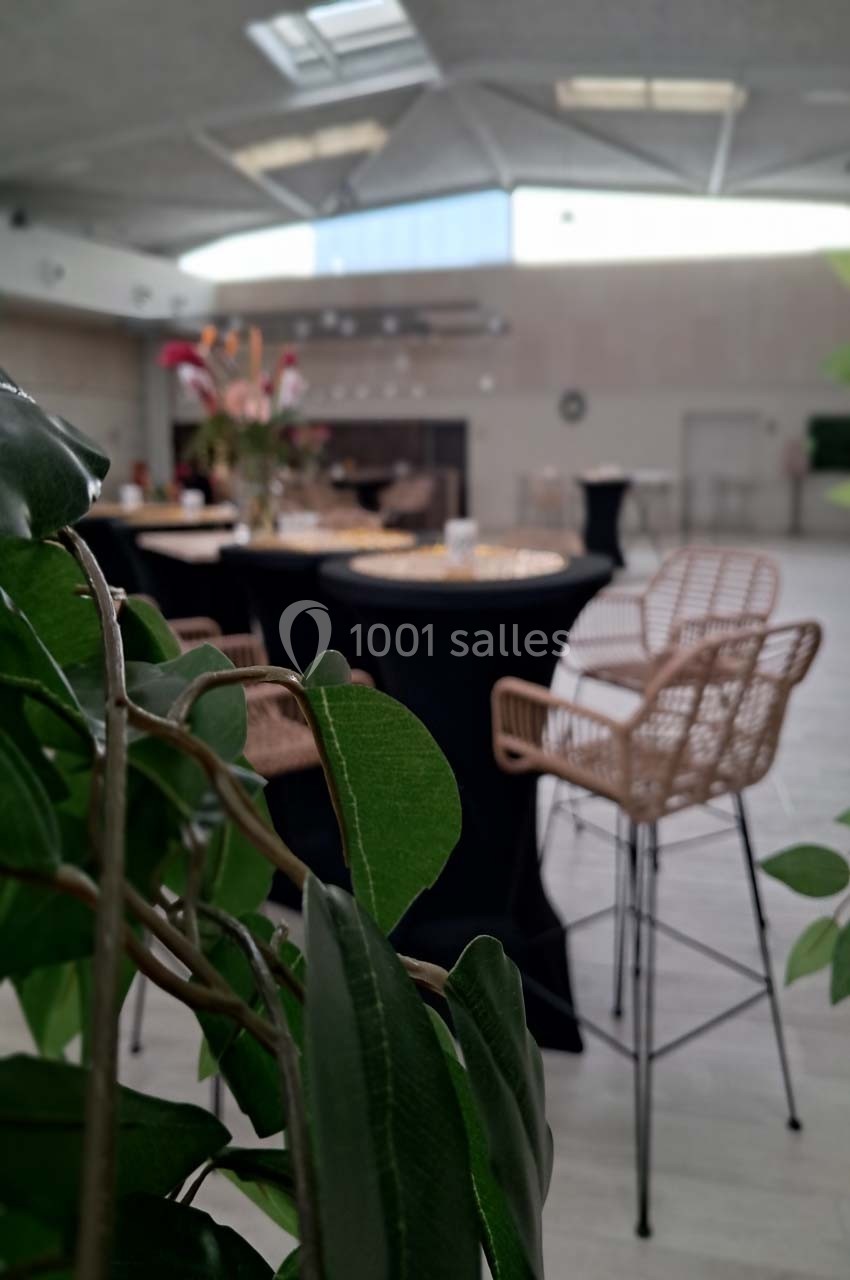 Salle lumineuse avec tables hautes dressées, chaises en rotin et plantes en premier plan.