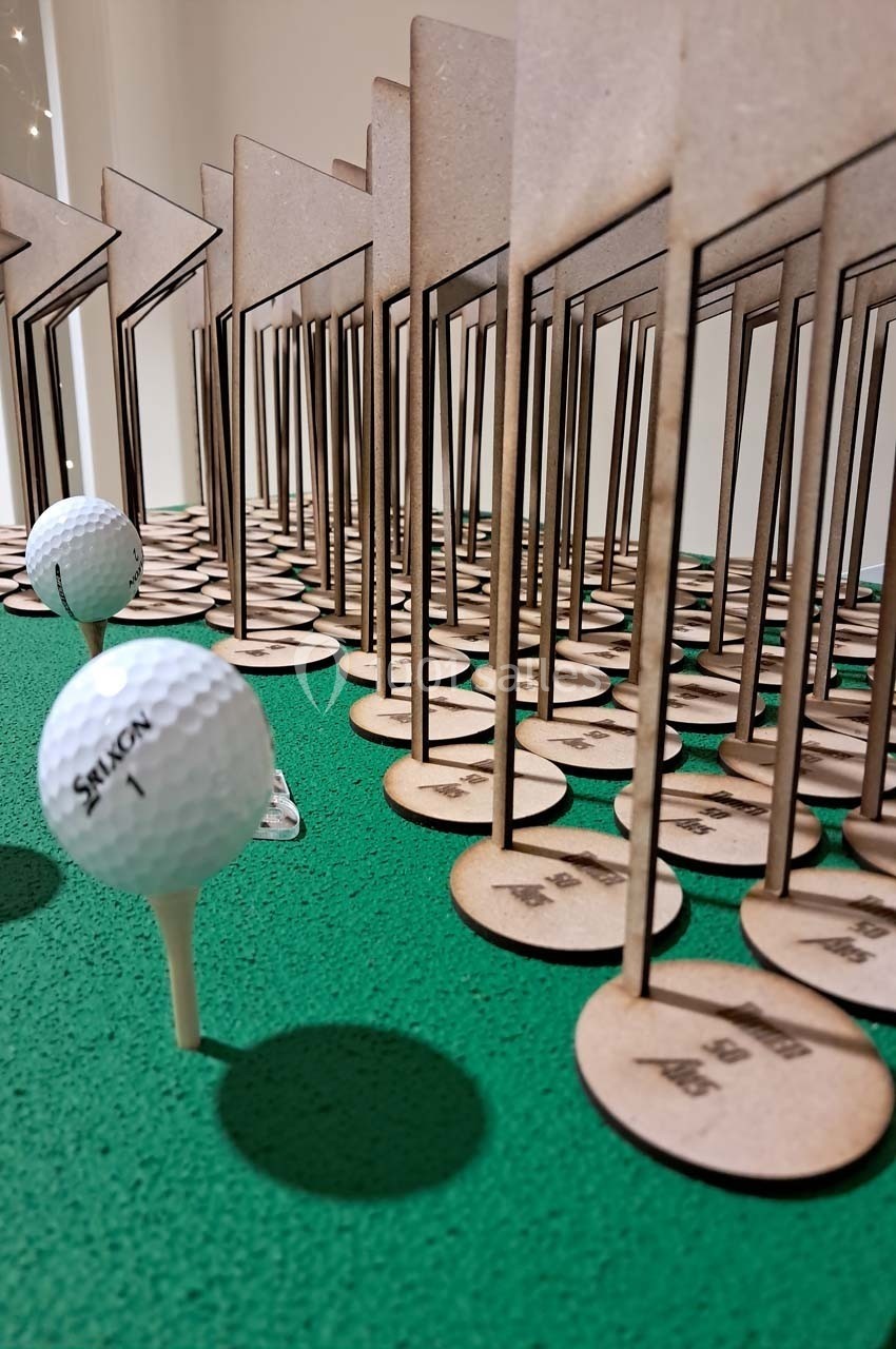 Des balles de golf sur des tees devant des panneaux en bois alignés sur une surface verte.