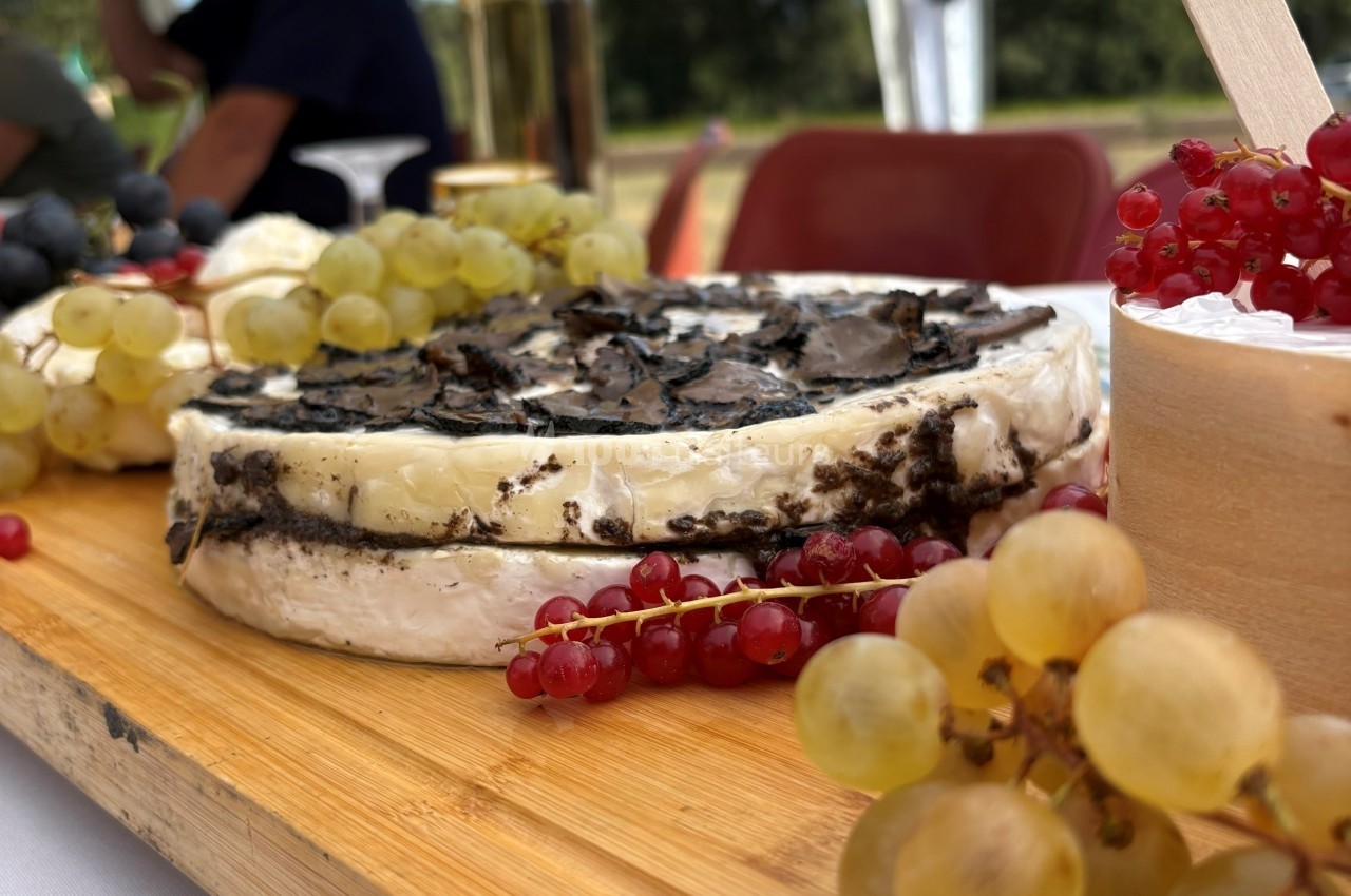 Plateau en bois avec un fromage garni de truffes, entouré de grappes de raisins et de groseilles rouges.