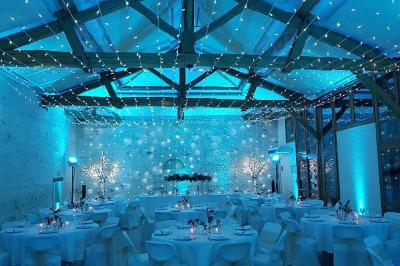 Groupe de personnes discutant sous des guirlandes lumineuses dans un jardin en soirée.