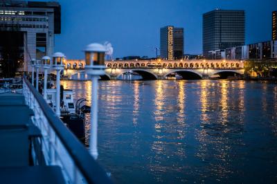 Entrée d'un restaurant aménagé sur un bateau, avec une passerelle en bois et des plantes en pot.