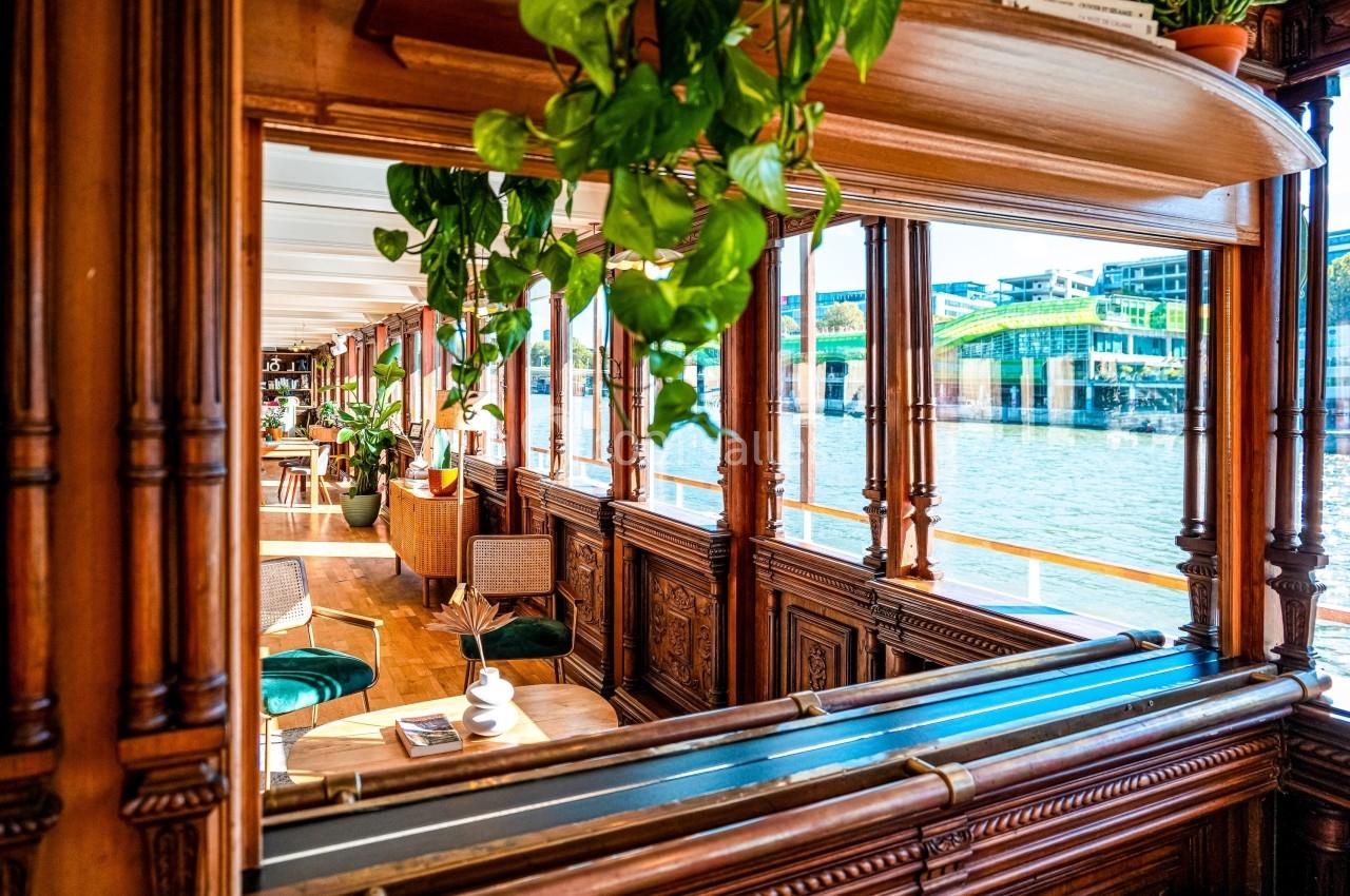 Intérieur d'une péniche en bois avec des plantes suspendues, des fauteuils et vue sur un fleuve en arrière-plan.