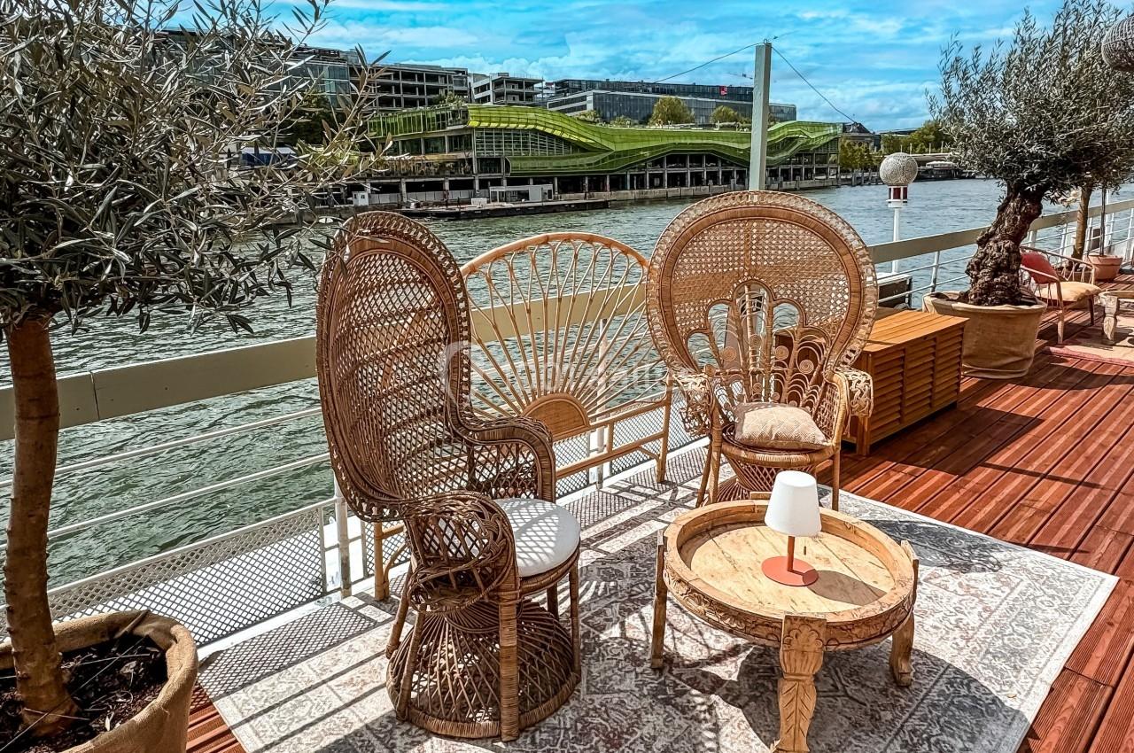 Terrasse en bois au bord de l'eau avec fauteuils en rotin, table basse, tapis et plantes en pot sous un ciel dégagé.