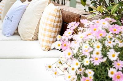 Entrée d'un restaurant aménagé sur un bateau, avec une passerelle en bois et des plantes en pot.