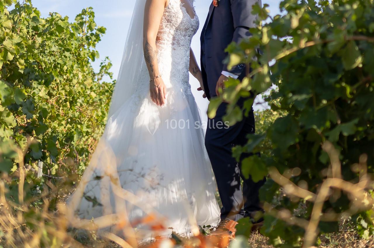 Un couple de mariés s'embrasse dans un vignoble sous un ciel bleu, avec un bouquet flou au premier plan.