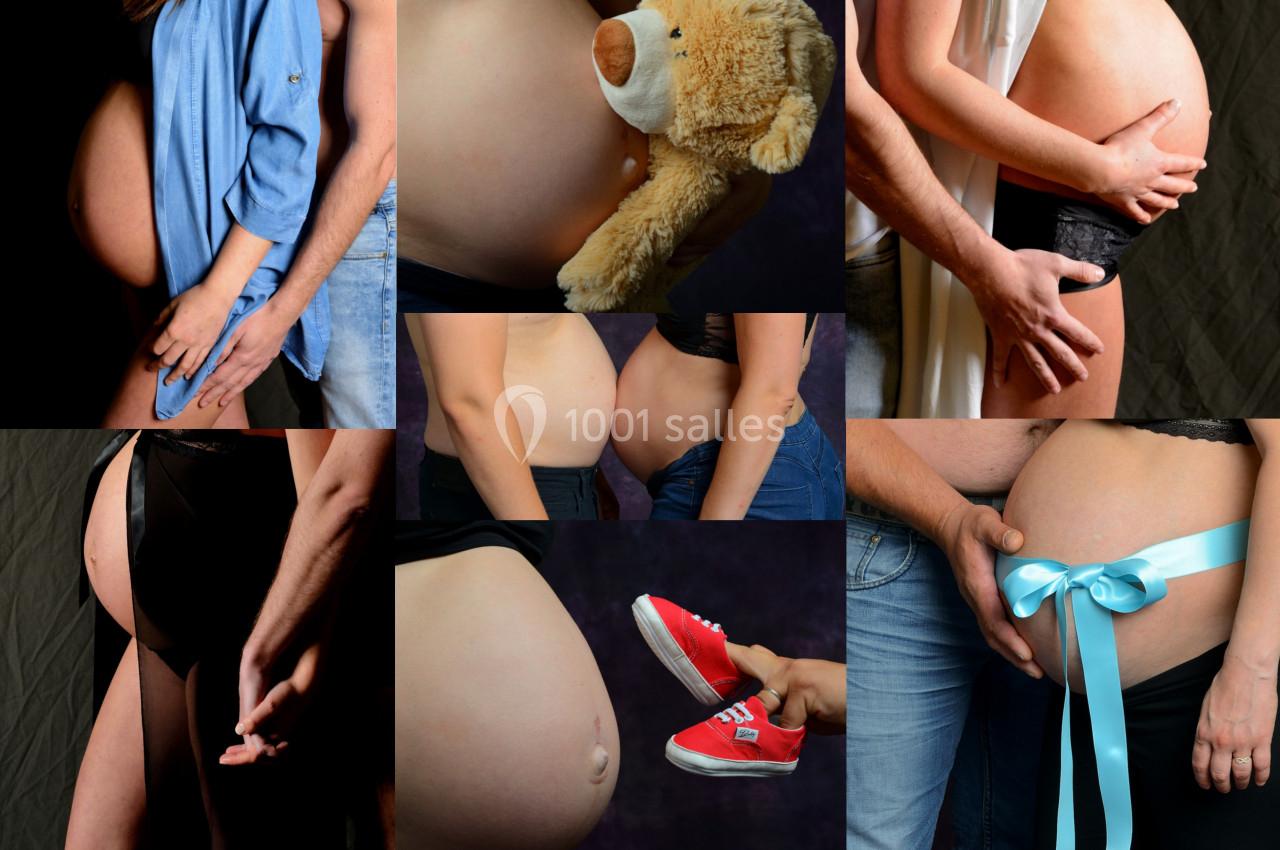Montage de photos montrant des ventres de femmes enceintes, avec des accessoires comme un ruban bleu, un ours en peluche et…
