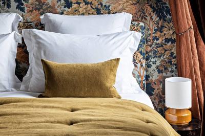 Salle de bain luxueuse avec un plan de travail en marbre vert, miroir encadré, produits de toilette et éclairage mural.