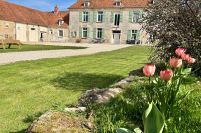Miniature La cour du Domaine Ruines éclairées et bâtiment adjacent sous un ciel nocturne, avec un arbre illuminé et des bancs sur une pelouse.