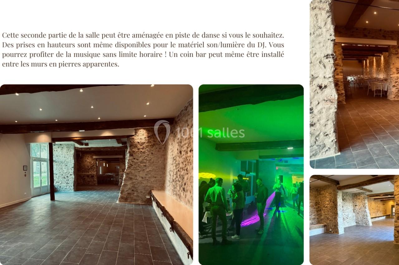 Salle avec murs en pierres apparentes, éclairage tamisé, espace vide aménageable et coin lumineux pour événements festifs.