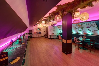 Salle de restaurant lumineuse avec banquettes bleues, chaises colorées, décor végétal et éclairage chaleureux.