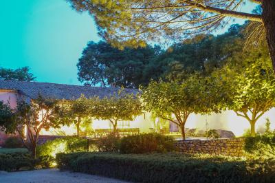 Plan dessiné à la main d'un jardin avec piscine, oliveraie, pelouse, orangerie et divers aménagements paysagers.