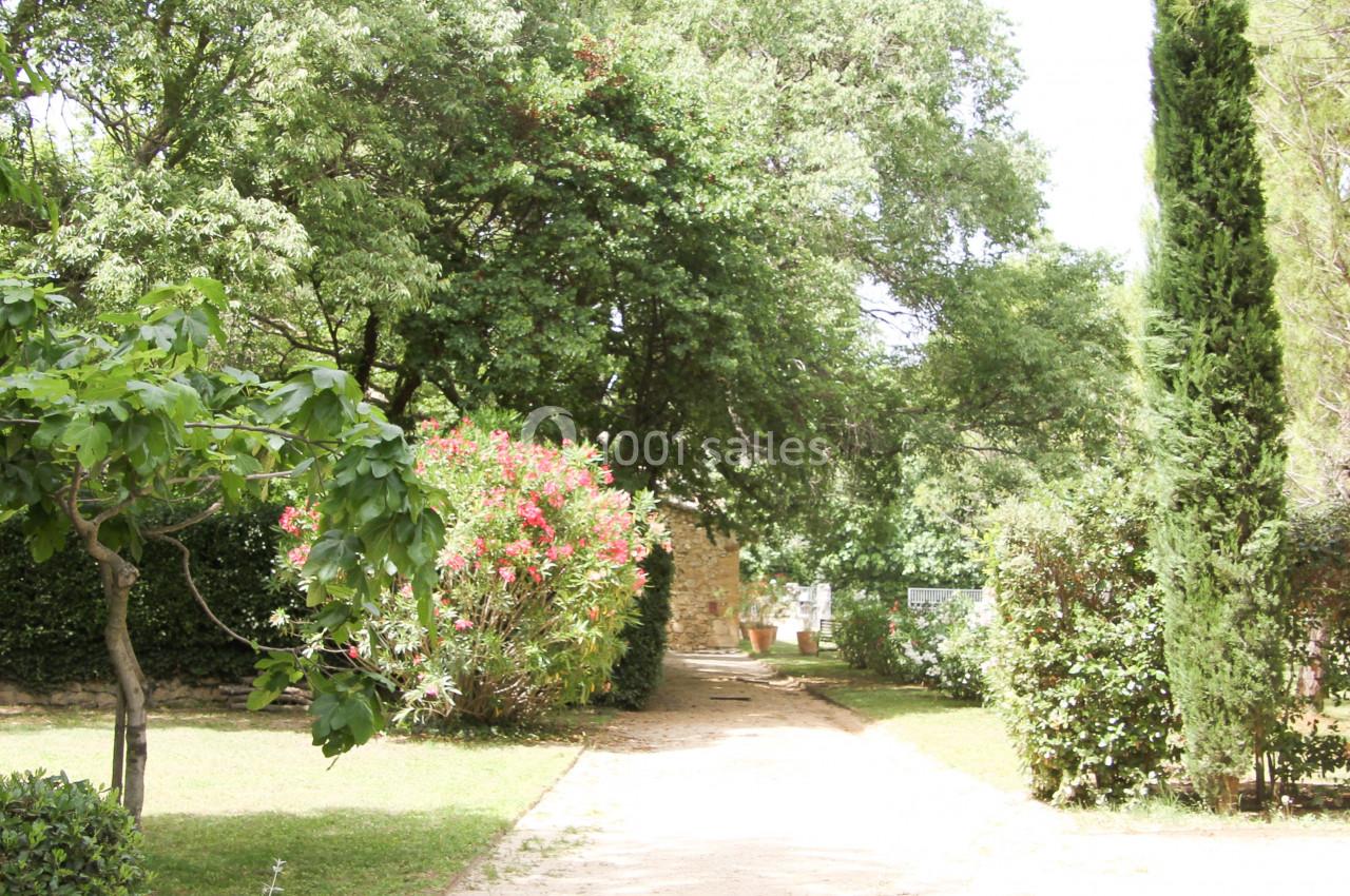 Allée bordée de végétation avec arbres, arbustes fleuris et pots en terre cuite sous un ciel lumineux.