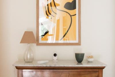 Plan dessiné à la main d'un jardin avec piscine, oliveraie, pelouse, orangerie et divers aménagements paysagers.