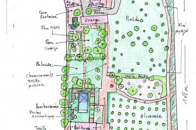 Plan dessiné à la main d'un jardin avec piscine, oliveraie, pelouse, orangerie et divers aménagements paysagers.