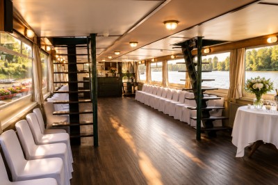 Intérieur d'une péniche avec un bar en bois, des chaises noires, des plantes et une vue sur l'eau par les fenêtres.