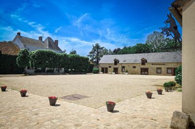 Table recouverte d'une nappe verte entourée de petites chaises colorées dans une pièce aux murs rouges et blancs.
