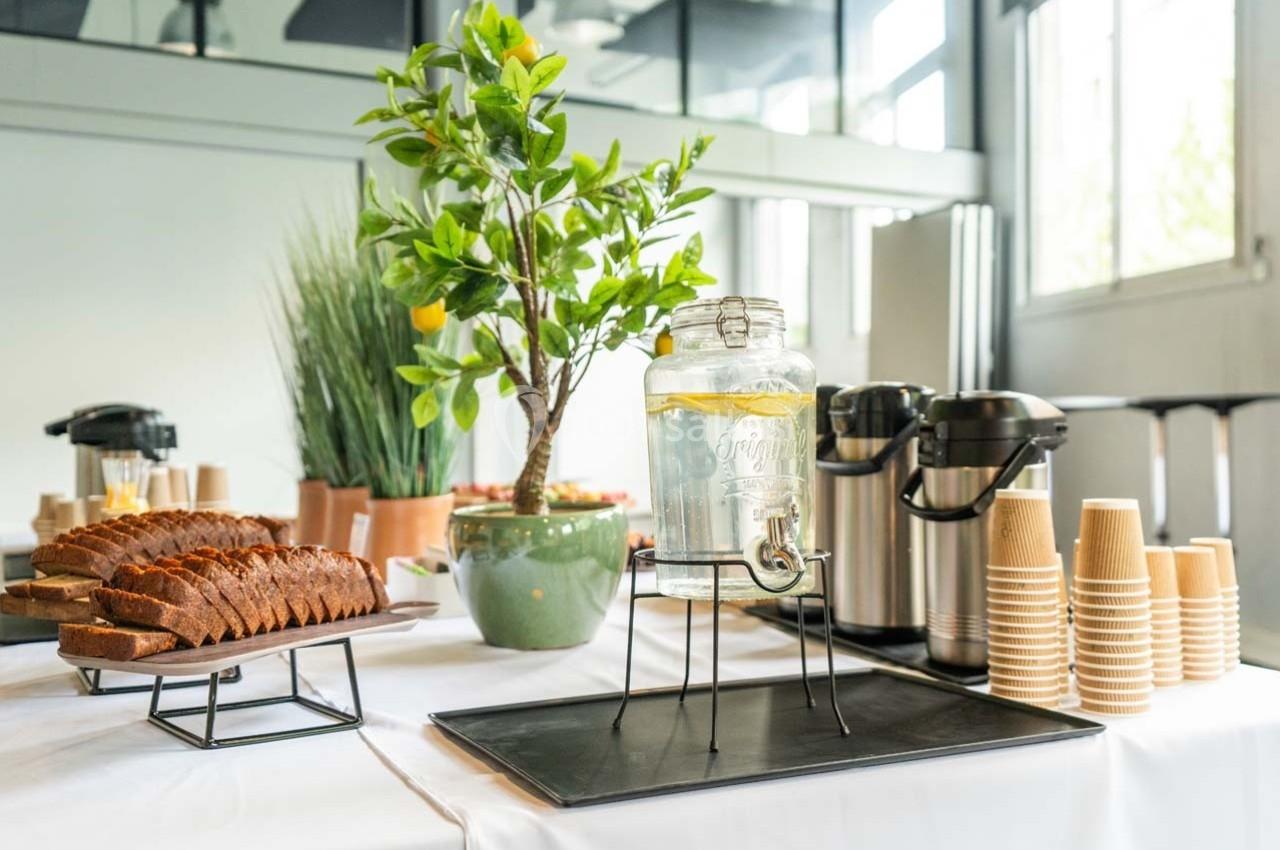 Table avec carafes d'eau citronnée, tranches de gâteau, plantes décoratives et gobelets en carton dans une salle lumineuse.