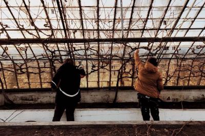 Chambre avec lit double, baignoire îlot, parquet, carrelage hexagonal et échelle porte-serviettes.