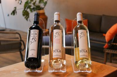 Coffret de trois bouteilles de vin rosé Château Icla posé devant des vignes en hiver.