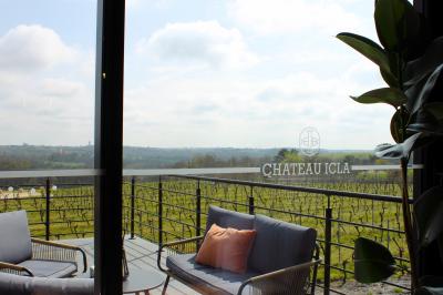 Coffret de trois bouteilles de vin rosé Château Icla posé devant des vignes en hiver.