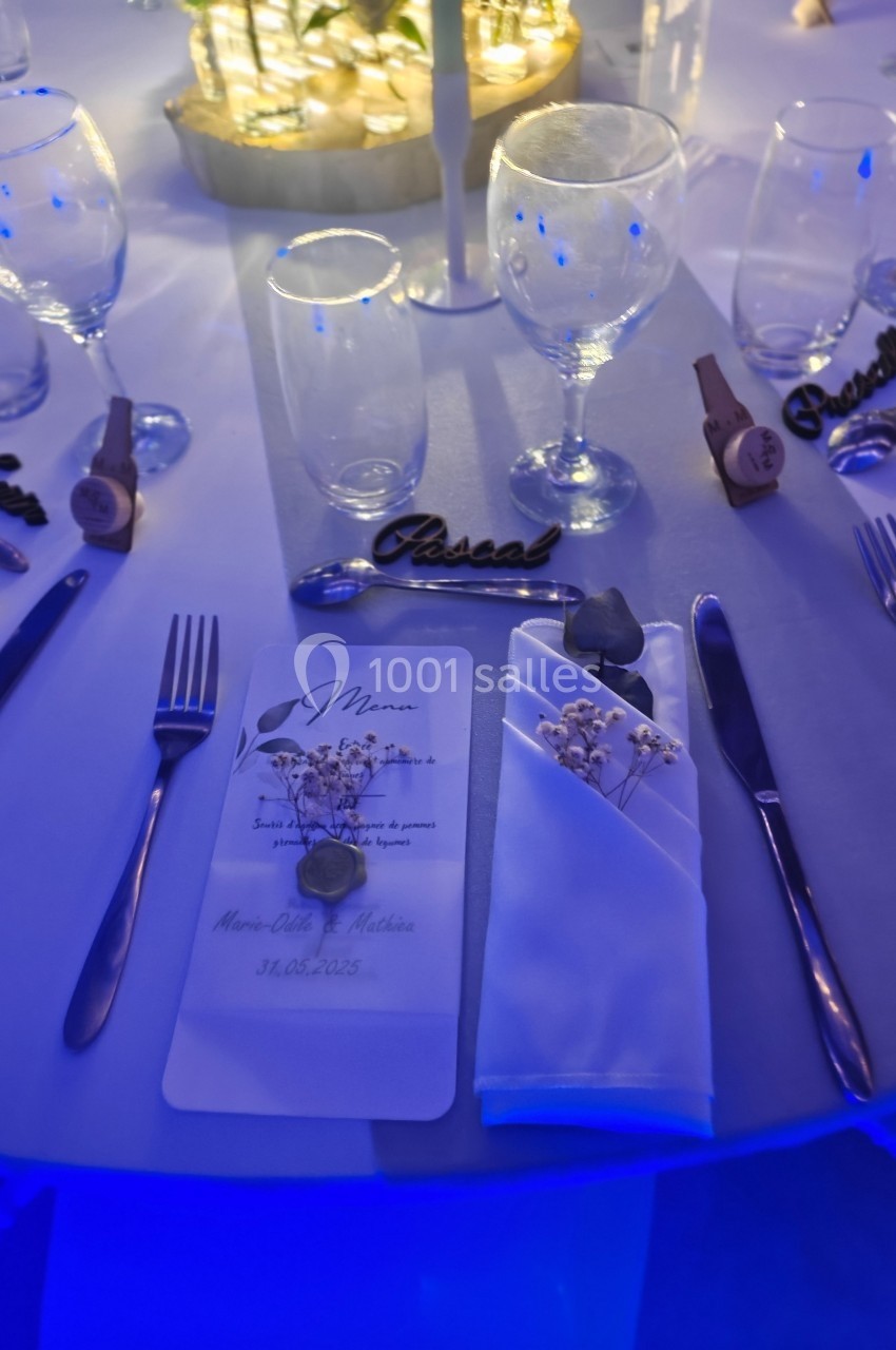 Table dressée avec des couverts, un menu, une serviette pliée et des décorations, éclairée par une lumière bleutée.