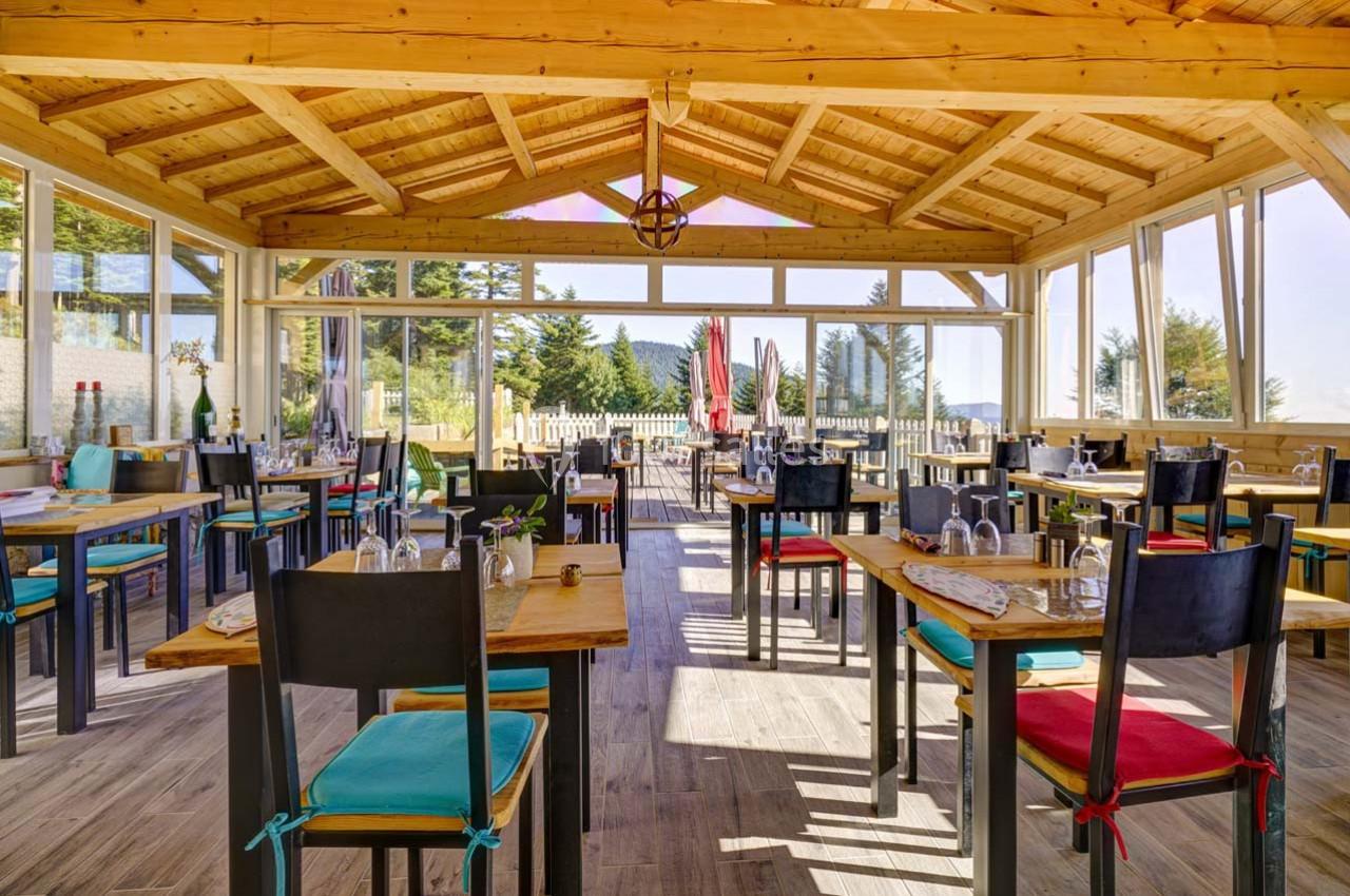 Salle de restaurant lumineuse avec charpente en bois, tables dressées et grandes baies vitrées donnant sur un espace…