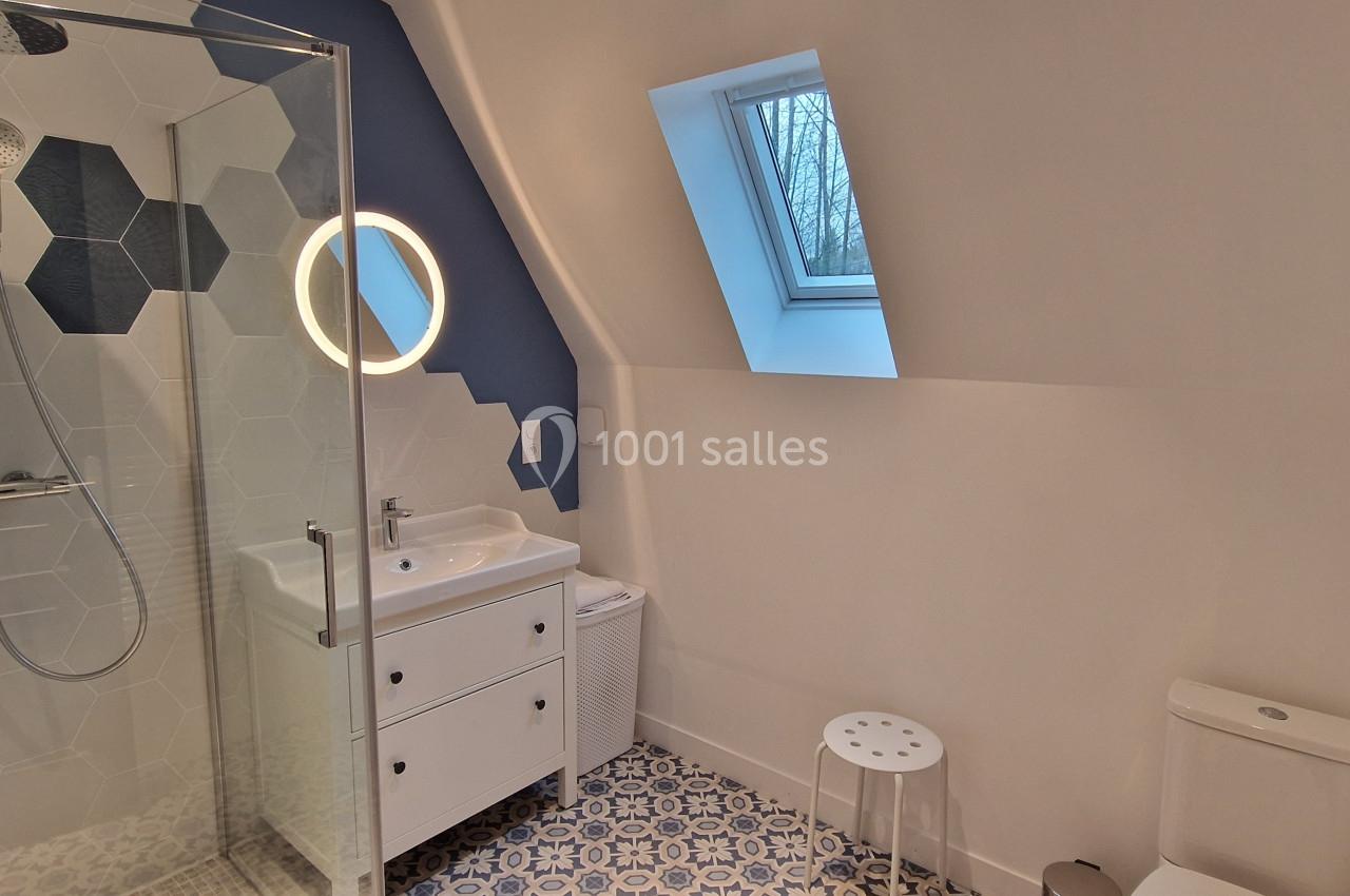 Salle de bain moderne avec douche vitrée, lavabo, miroir éclairé, toilettes et fenêtre de toit.